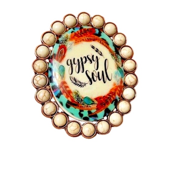 Tipi Jewelry - Distressed Gypsy Soul Western Bohemian Enamel White Stone Metal Cuff Bracelet